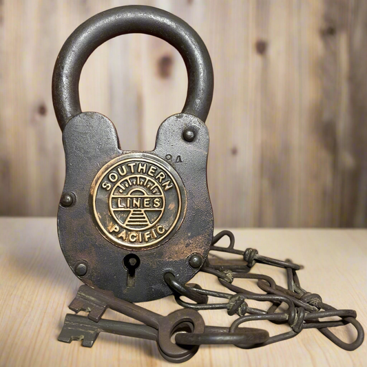 Southern Pacific Railroad Cast Iron Lock With Chain & Brass Tag (5" x 3.5")