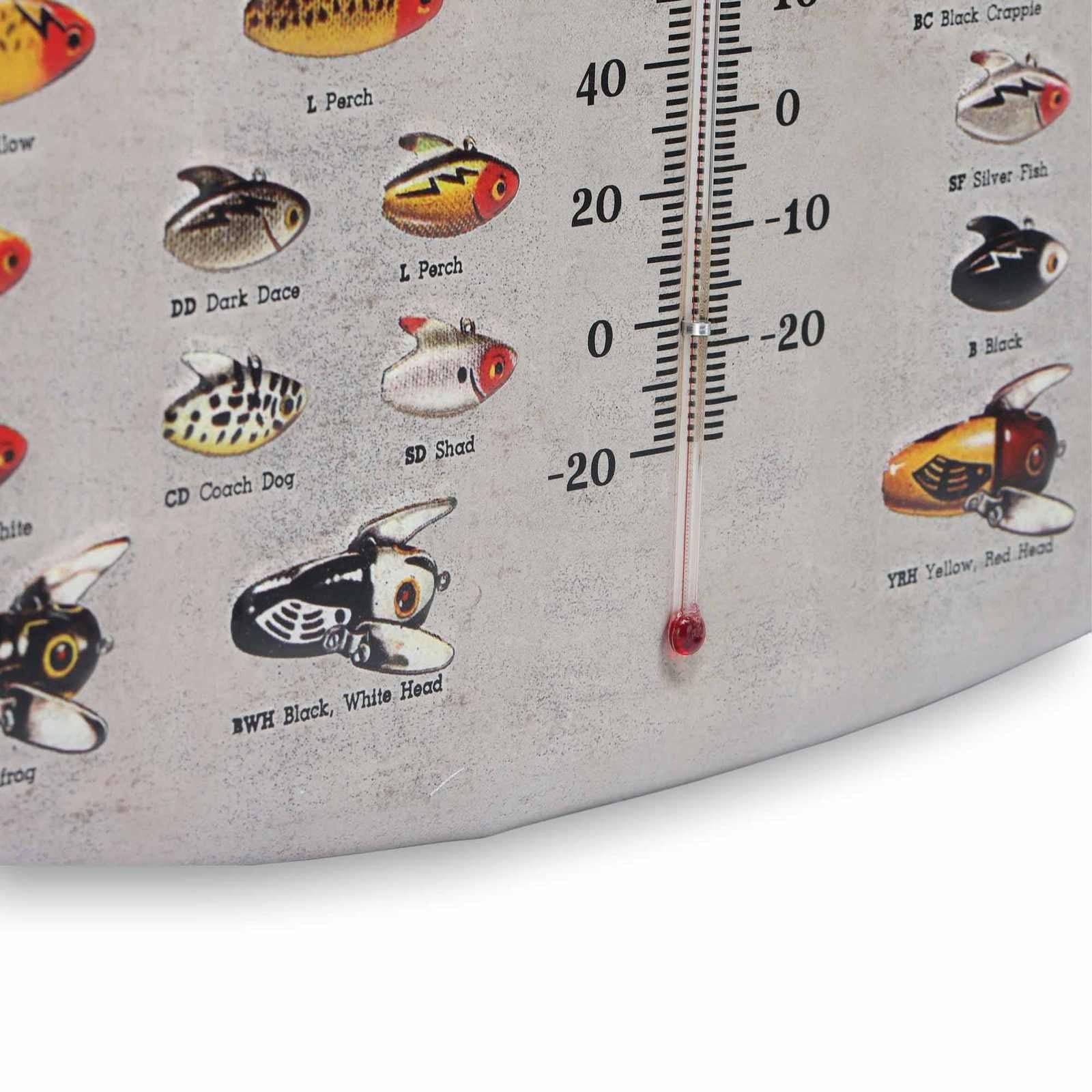 Close-up of Heddon Fishing Lures wall thermometer showing lure illustrations and the temperature tube