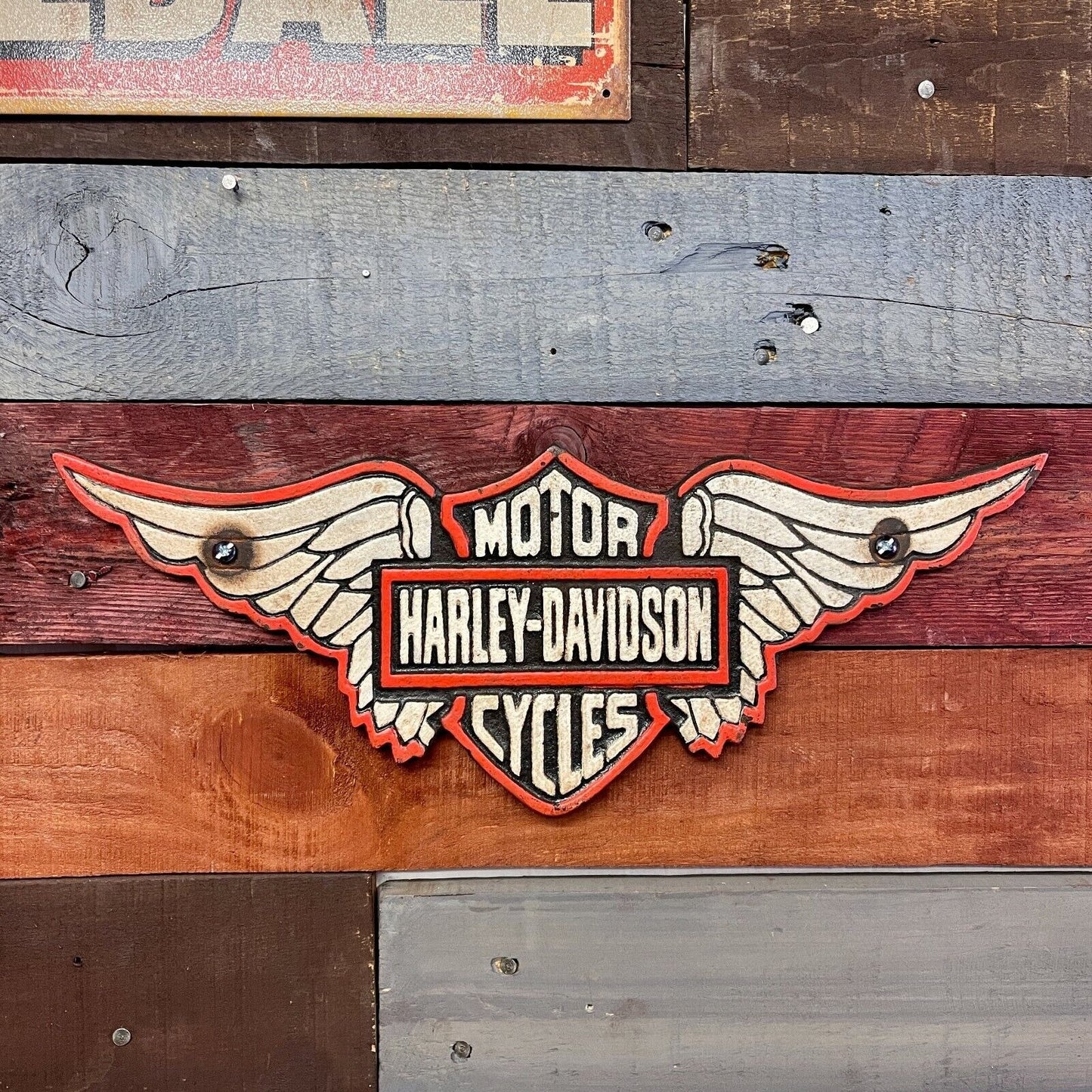 HD Motorcycles Wings Solid Cast Iron Plaque With Painted Antique Finish (15" x 6")