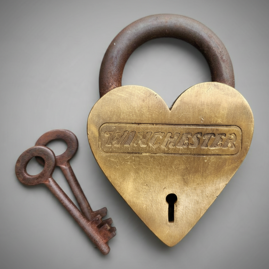 Jones Peak Winchester 1866 heart-shaped solid brass lock with two antique-style skeleton keys for decorative display.