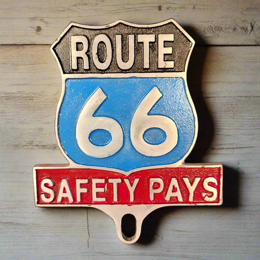 Route 66 Safety Pays License Plate FOB Topper With Raised Letters And Antique Finish (6" x 5")