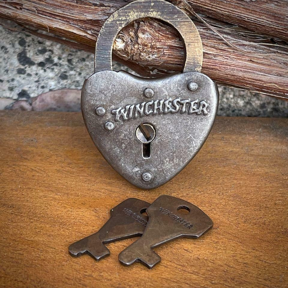 Winchester Heart Lock With Raised Lettering & Antique Finish (2.25" x 1.5")