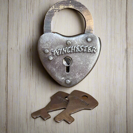 Winchester Heart Lock With Raised Lettering & Antique Finish (2.25" x 1.5")