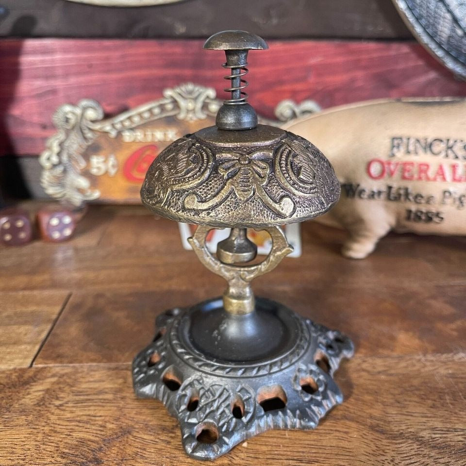 Hotel Desk Bell On Stand Solid Brass With Butterfly Engraving And Antique Finish (5" x 3.5")