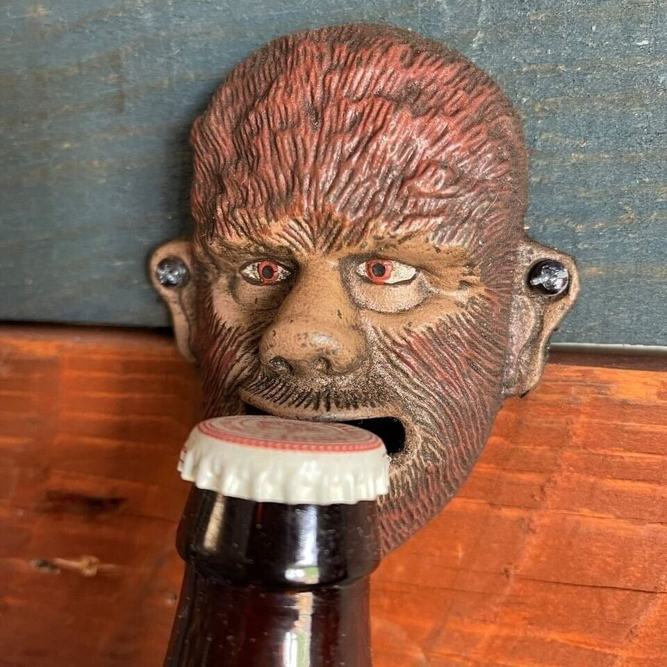 Wolfman Cast Iron Wall Mounted Bottle Opener With Painted Antique Finish (4" x 3" x 1.5")