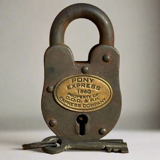 Pony Express 1860 Cast Iron Lock With Brass Tag & 2 Keys (3.75" x 2.25")