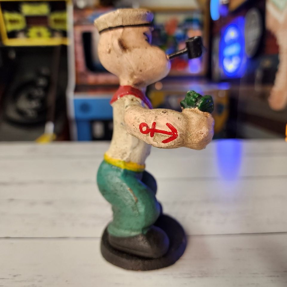 Popeye Sailor Man With Pipe & Spinach Cast Iron Figurine With Hand Painted Antique Finish (6" x 4.5" x 2")