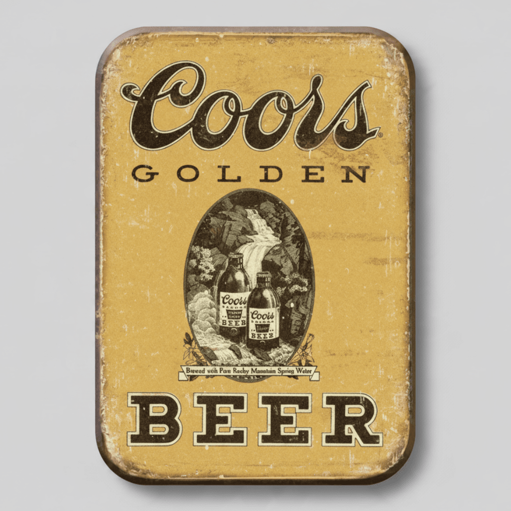 Jones Peak Coors Golden Beer vintage metal magnet with a distressed yellow finish and classic brewery graphic