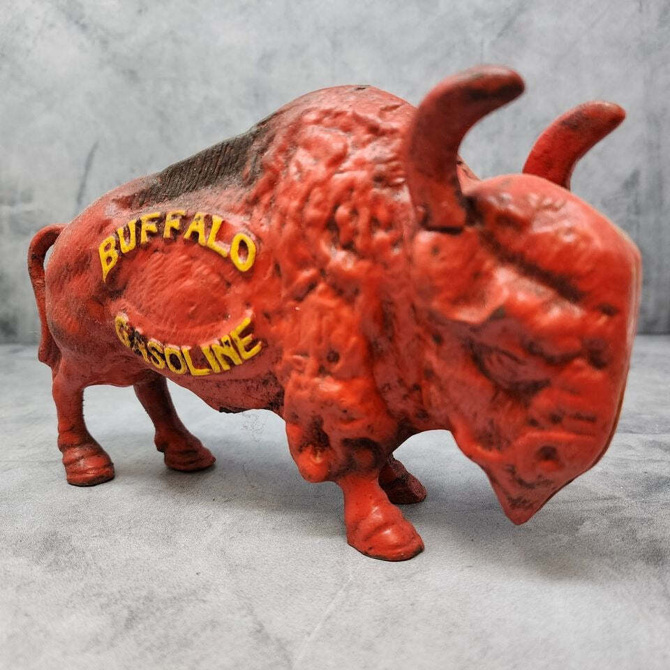 Buffalo Gasoline Cast Iron Coin Bank With Raised Lettering And Painted Antique