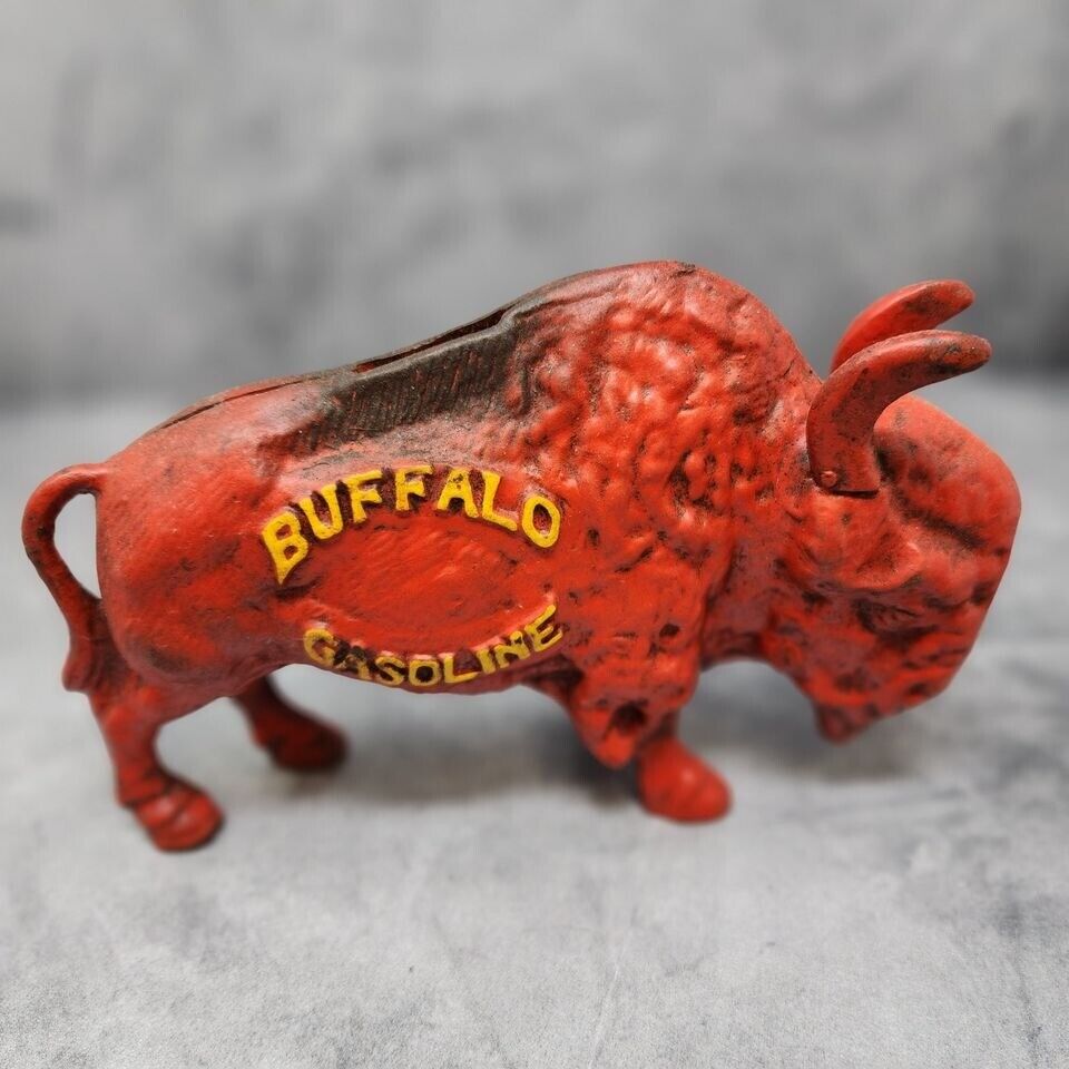 Buffalo Gasoline Cast Iron Coin Bank With Raised Lettering And Painted Antique