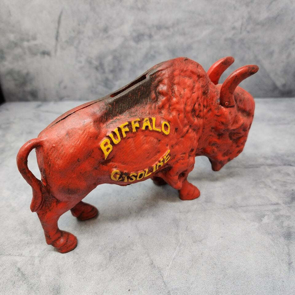 Buffalo Gasoline Cast Iron Coin Bank With Raised Lettering And Painted Antique