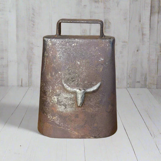 Cow Bell Cast Iron With Raised Steer Head And Vintage Antique Finish (6" x 4.5")