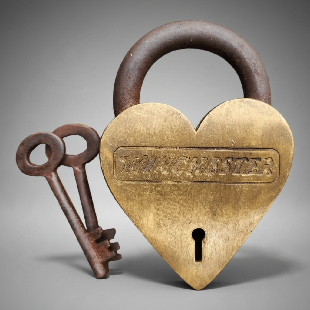 Jones Peak Winchester 1866 heart-shaped solid brass lock with two antique-style skeleton keys for decorative display