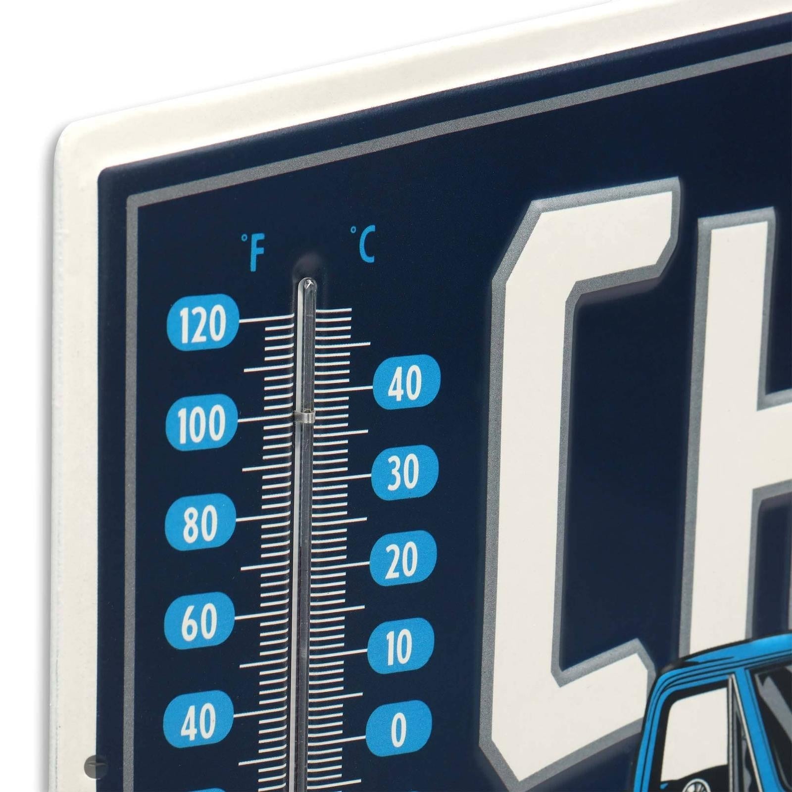 Close-up of Chevrolet Trucks wall thermometer showing the temperature tube and Fahrenheit and Celsius scales