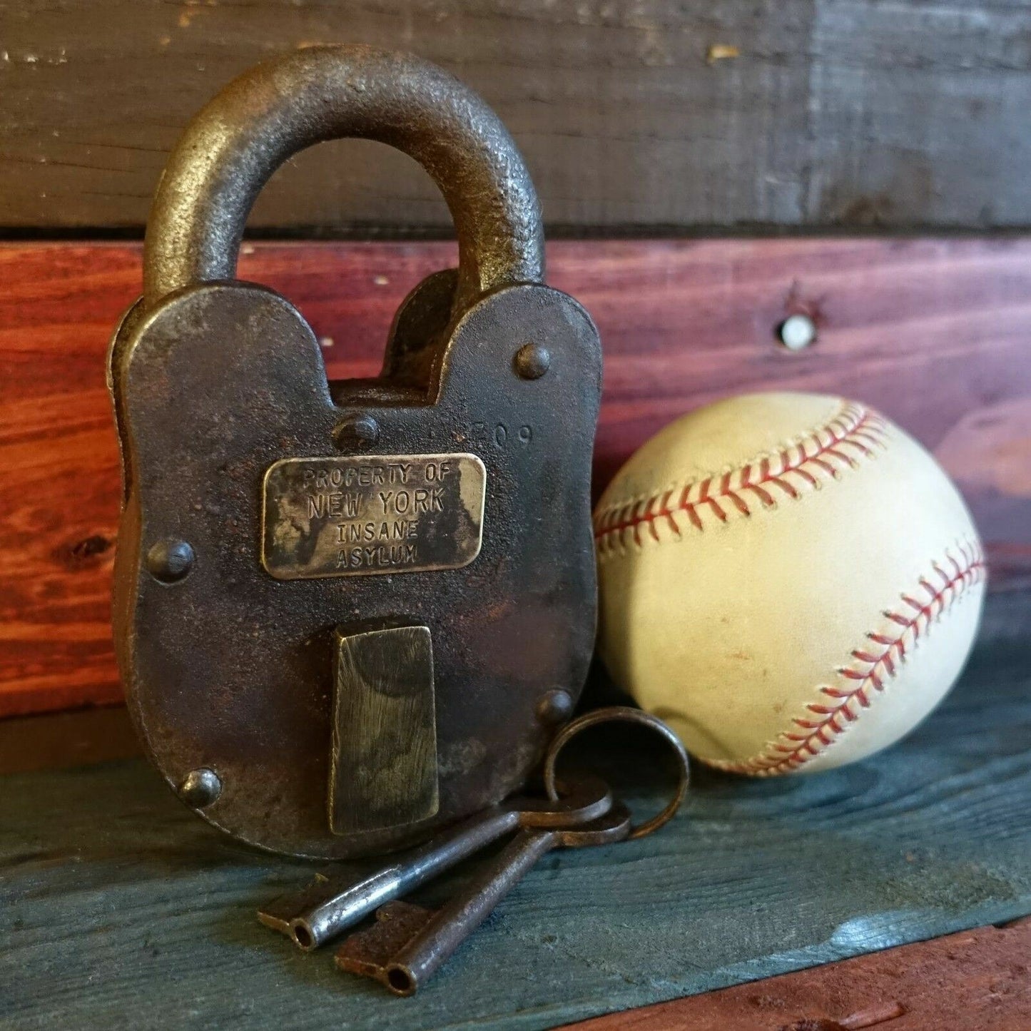 New York Insane Asylum Cast Iron Lock & Keys With Antique Finish (3" x 5")