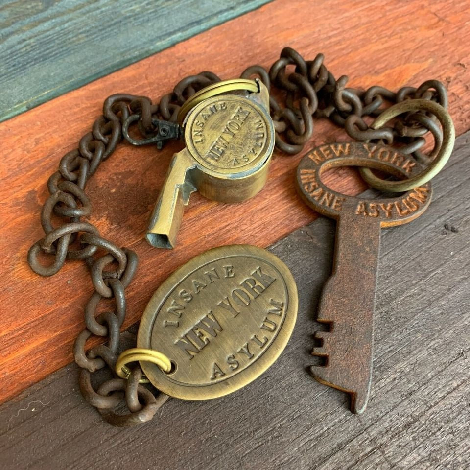 New York Insane Asylum Cast Iron Guard Key And Whistle (20" Long)