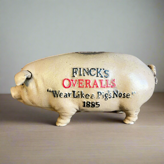 Finck's Overalls 1885 Cast Iron Coin Bank With Raised Lettering Antique Finish (8" x 3" x 3.75")