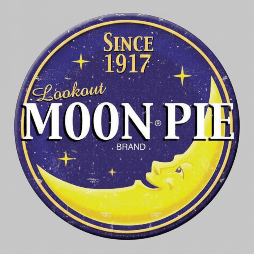 Jones Peak round Moon Pie Since 1917 metal magnet featuring a vintage blue and yellow crescent moon logo design.