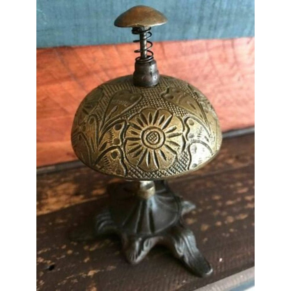 Hotel Desk Bell On Stand Solid Brass With Floral Engraving And Antique Patina Finish (5" x 3.5")