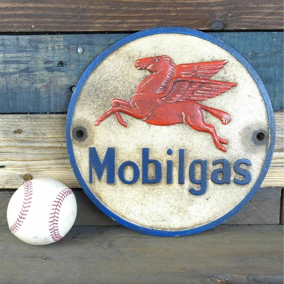 Mobilgas Pegasus Flying Horse Cast Iron Plaque With Painted Antique Finish (9.25" Round)