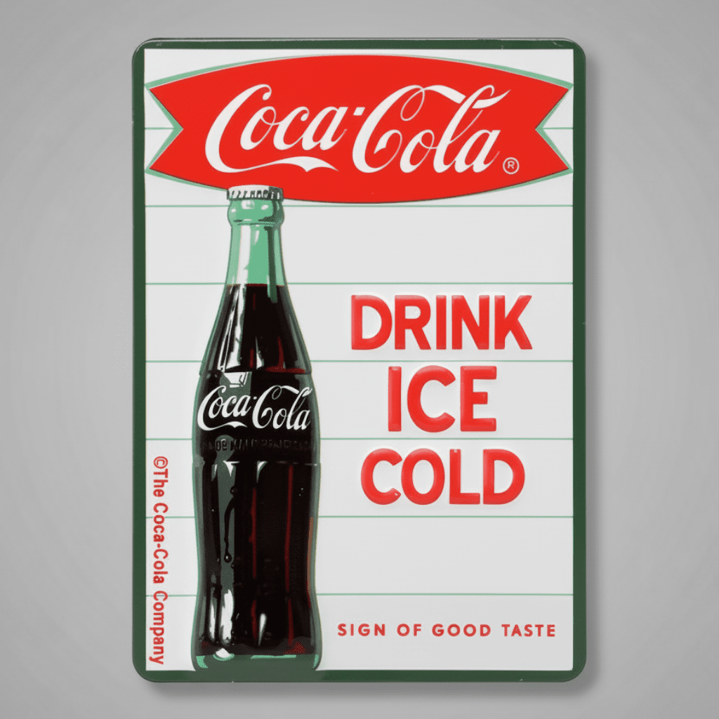 Jones Peak Coca-Cola Drink Ice Cold embossed metal magnet featuring a vintage bottle graphic on a white background.