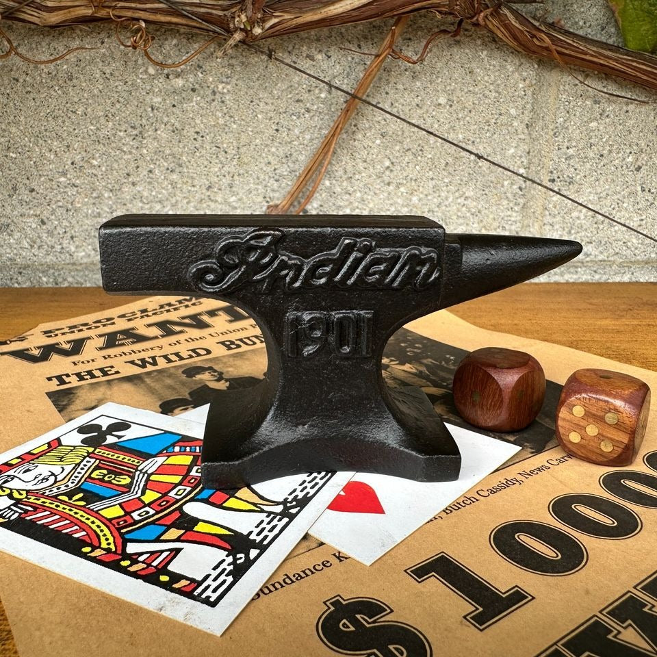 Indian Motorcycles 1901 Cast Iron Anvil With Raised Lettering & Antique Finish (4.5" x 3")