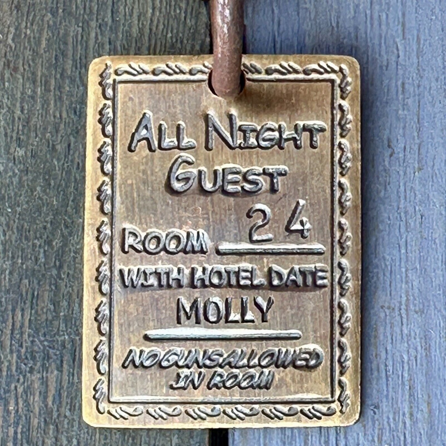 Gem's Saloon 1886 Tombstone Brothel Room Brass Tag & Key With Antique Finish (6.5" Long)