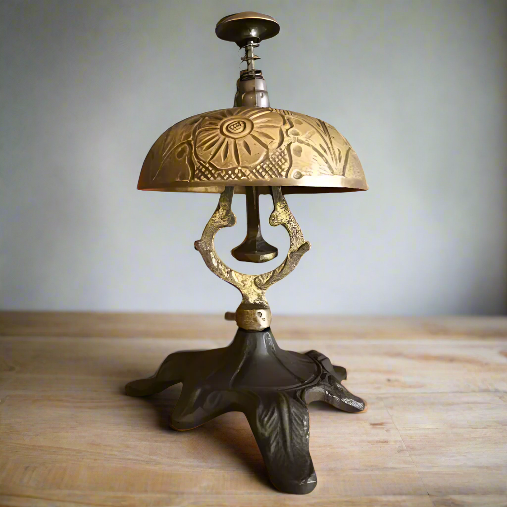 Hotel Desk Bell On Stand Solid Brass With Floral Engraving And Antique Patina Finish (5" x 3.5")