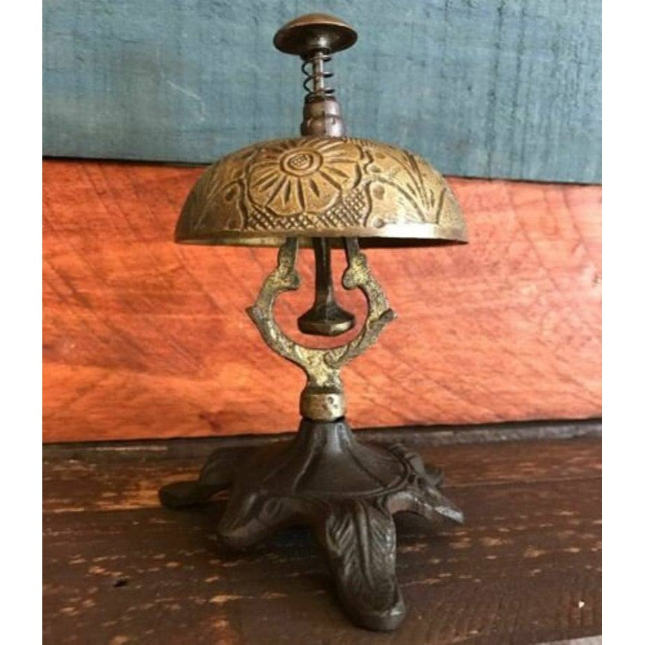 Hotel Desk Bell On Stand Solid Brass With Floral Engraving And Antique Patina Finish (5" x 3.5")