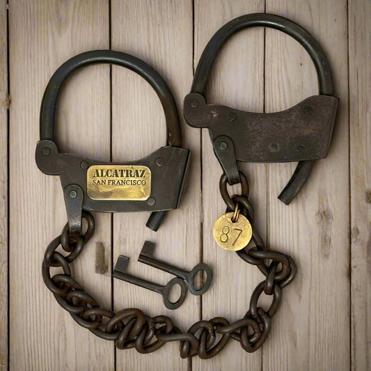 Alcatraz Prison San Francisco Iron Adjustable Handcuffs With Chain Serial Tag And Antique Finish  (23" Long)