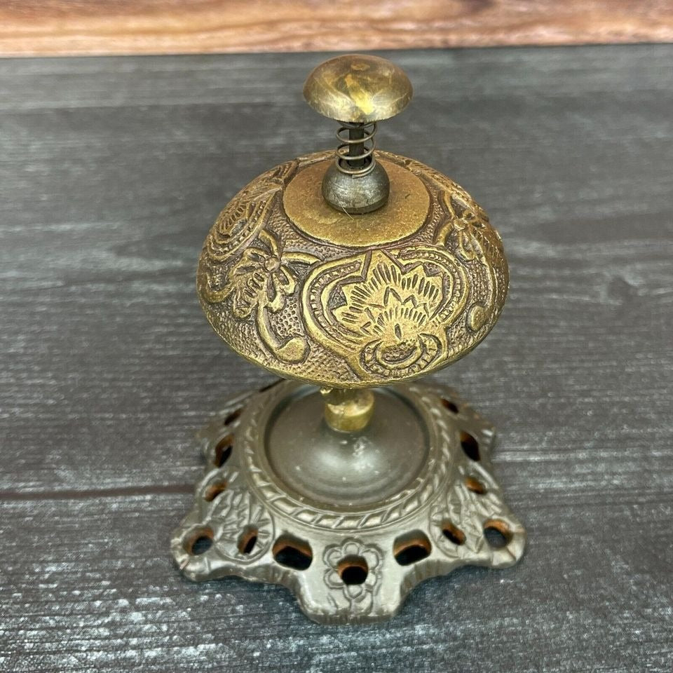 Hotel Desk Bell On Stand Solid Brass With Butterfly Engraving And Antique Finish (5" x 3.5")