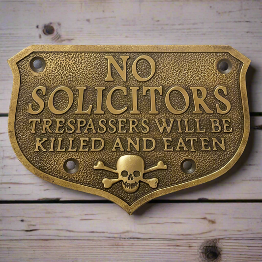 Pirate Skull No Solicitors Solid Brass Plaque With Antique Finish (5.25" x 4")