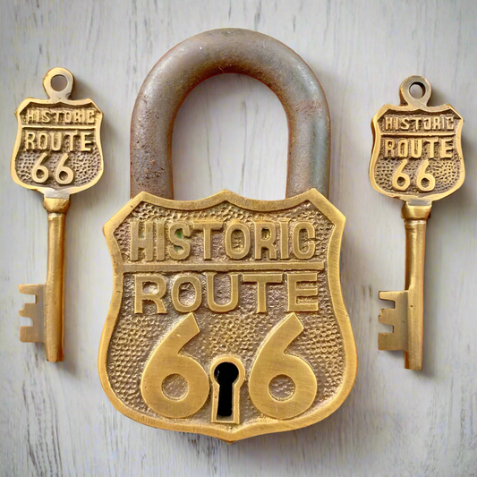 Route 66 Solid Brass Lock & Keys With Embossed Lettering (3.5" x 2.25")