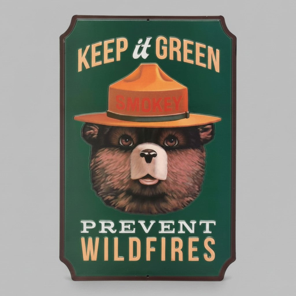 Smokey Bear Keep It Green embossed metal sign with green, orange, brown, and white artwork