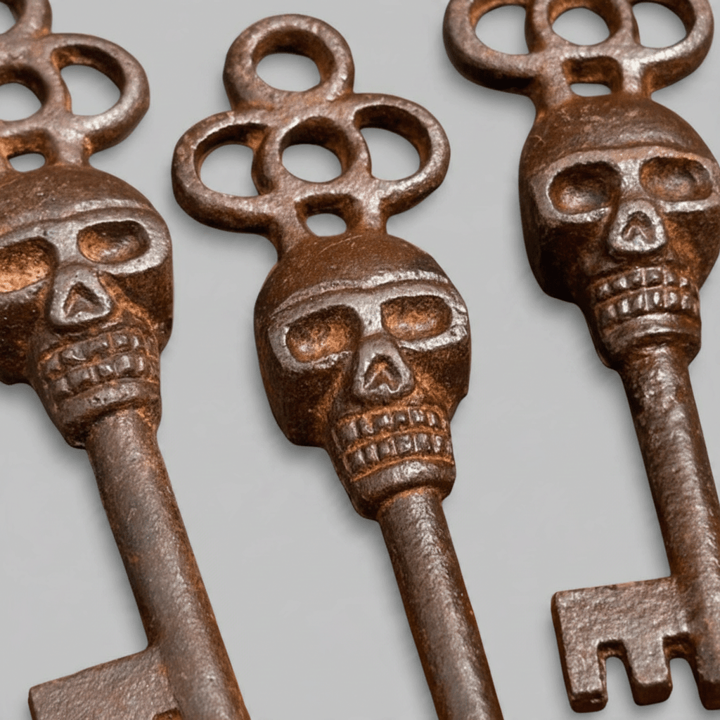 Jones Peak set of 5 decorative cast iron skeleton keys featuring antique-finished skull motifs for rustic home decor.