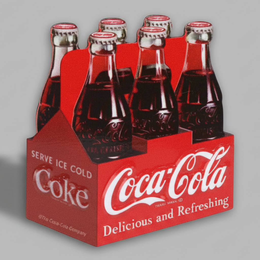 Jones Peak embossed metal magnet featuring a classic red Coca-Cola six-pack carton with glass bottles