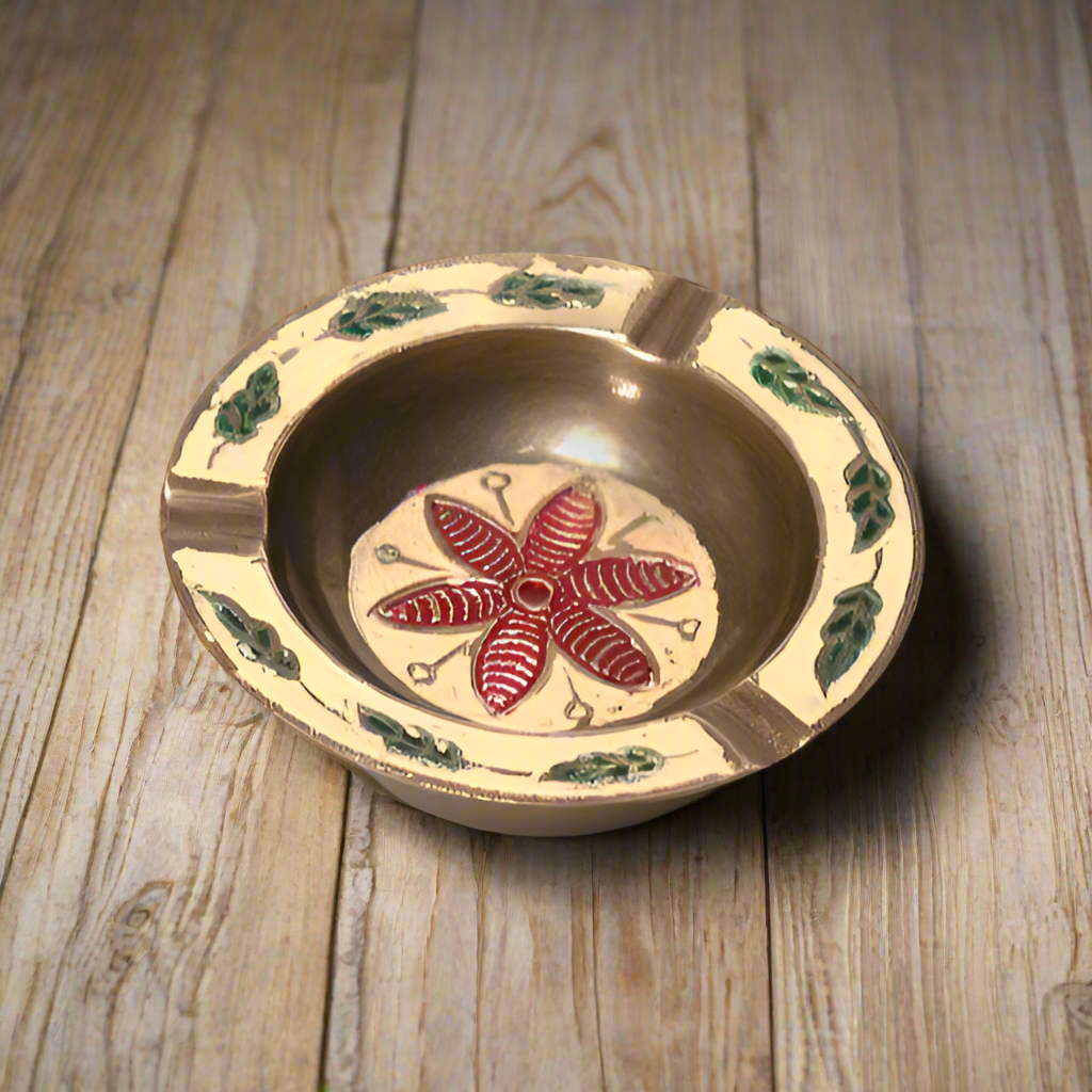 Wildflower Solid Brass Ashtray With Painted Antique Finish (2.75" Round)