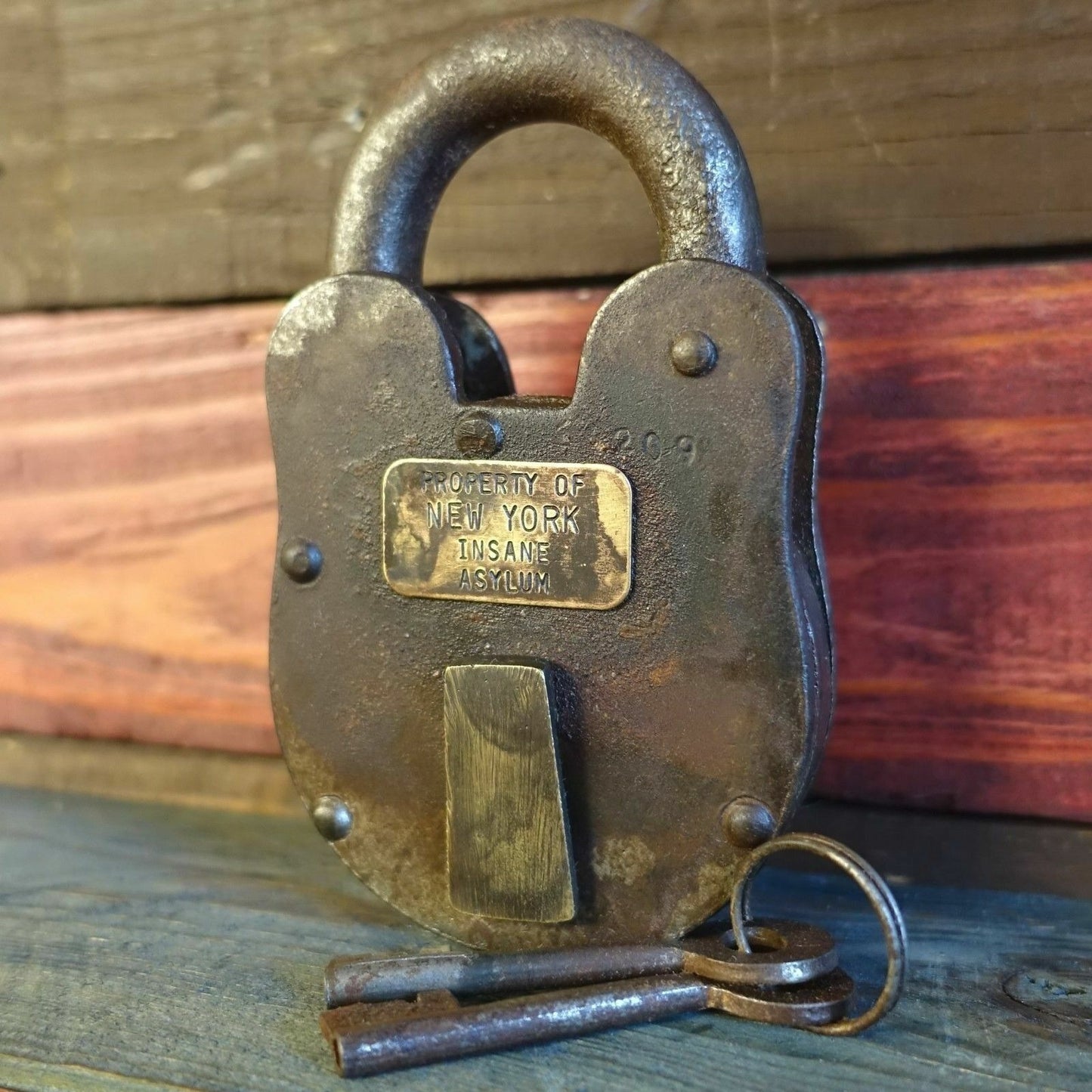 New York Insane Asylum Cast Iron Lock & Keys With Antique Finish (3" x 5")