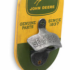 Vintage John Deere logo wall bottle opener by Open Roads, featuring a rustic design and sturdy metal construction.