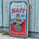 Open Roads Beer Bait Ice Ammo Wall Bottle Opener with a rustic design, measuring 3.5" x 6".