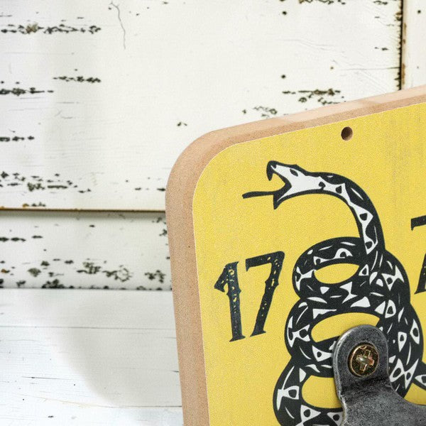 Don't Tread On Me 1776 wall bottle opener by Open Roads, featuring a decorative design and sturdy metal construction.