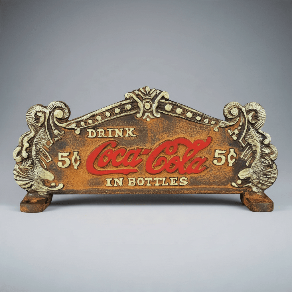 Jones Peak vintage Coca-Cola cast iron double-sided sign with hand-painted antique patina and raised lettering