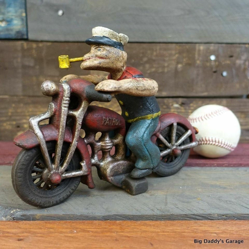 Popeye Sailor Man Patrol HD Motorcycle Figurine Cast Iron Painted With Antique Finish (8" x 6")