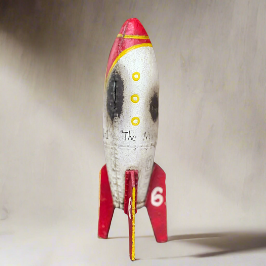 Rocket To The Moon Cast Iron Coin Bank With Painted Antique Finish (9" x 3")