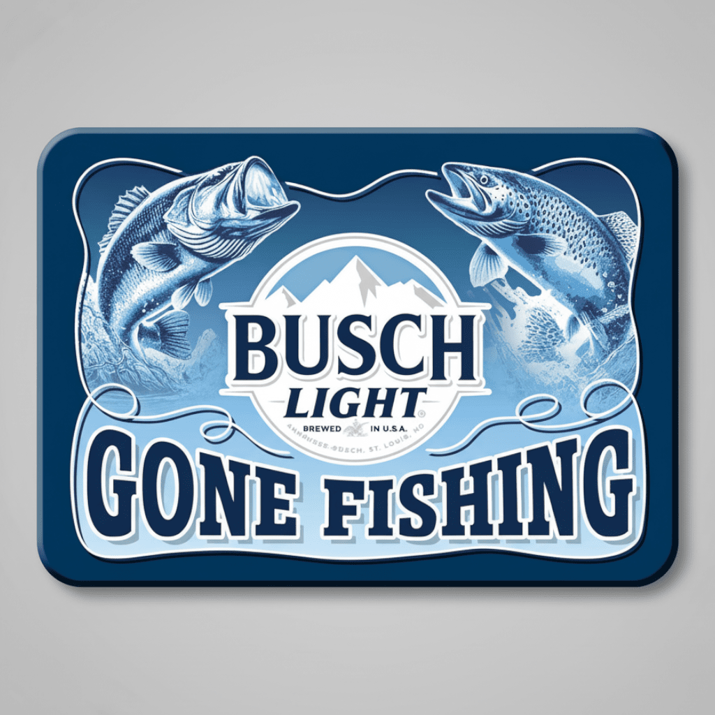 Jones Peak Busch Light Gone Fishing metal magnet featuring vintage blue and white fish graphics for garage decor.