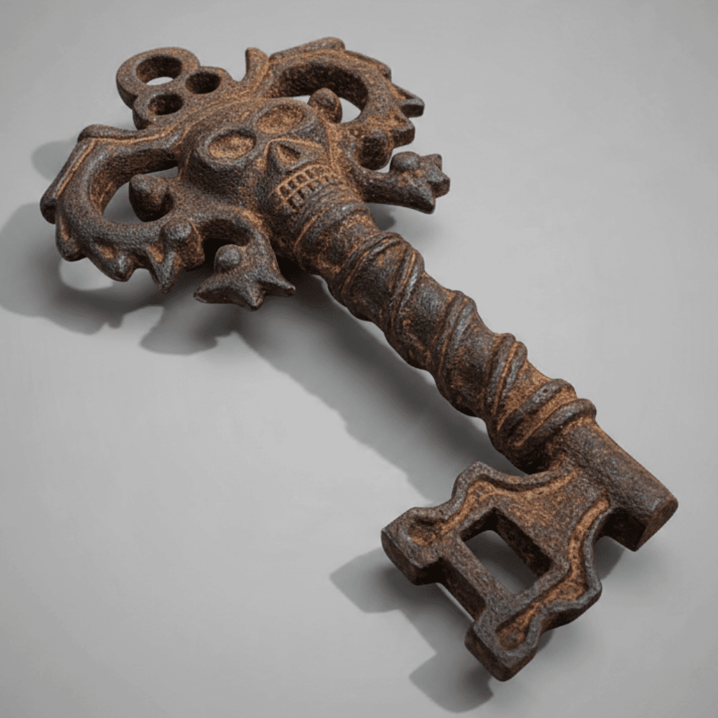 Jones Peak cast iron key with an embossed pirate skull and a hand-antiqued distressed brown finish.