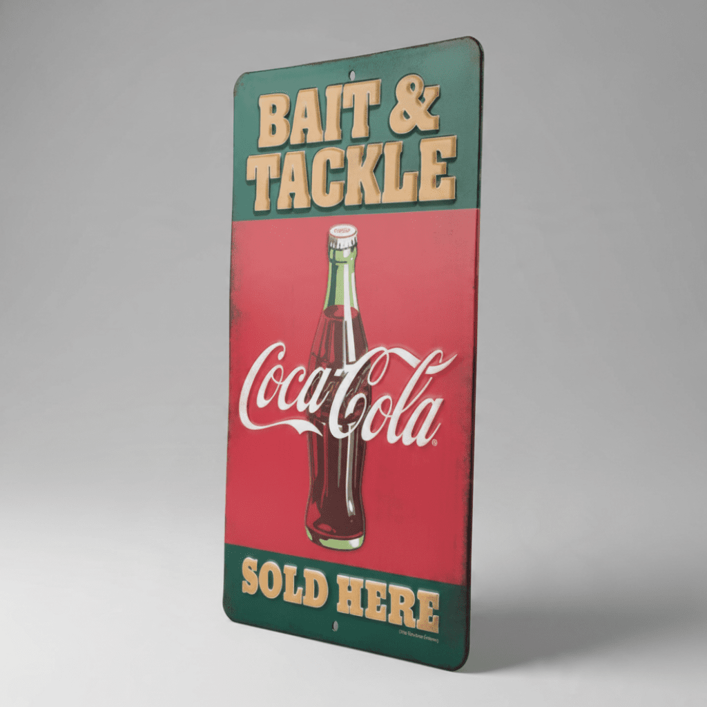 Jones Peak Coca-Cola Bait & Tackle embossed metal sign with vintage red and green bottle illustration