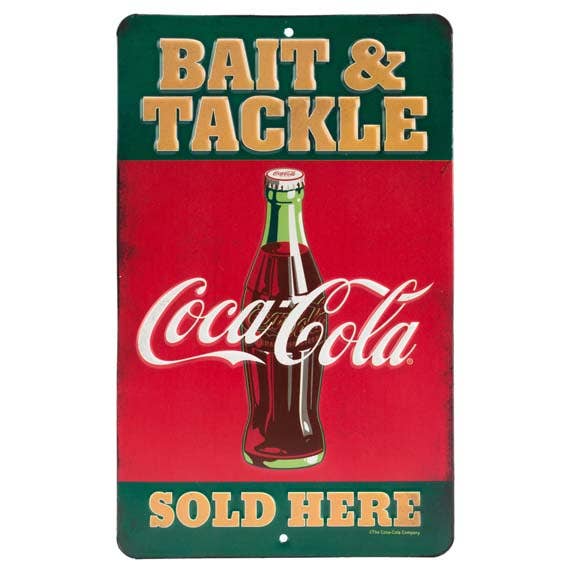 Coca-Cola Bait & Tackle rectangular embossed metal sign with red and green artwork, a glass Coke bottle, and Sold Here lettering.
