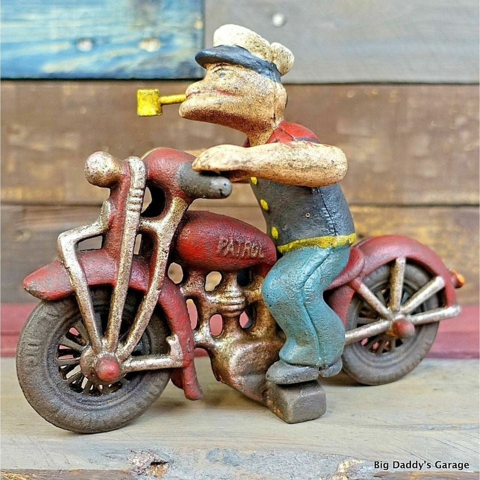 Popeye Sailor Man Patrol HD Motorcycle Figurine Cast Iron Painted With Antique Finish (8" x 6")