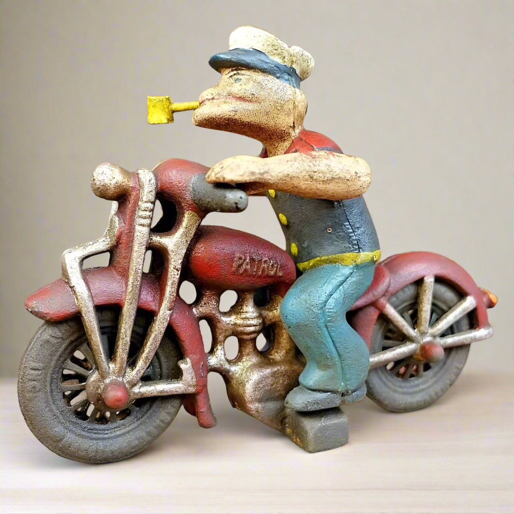 Popeye Sailor Man Patrol HD Motorcycle Figurine Cast Iron Painted With Antique Finish (8" x 6")